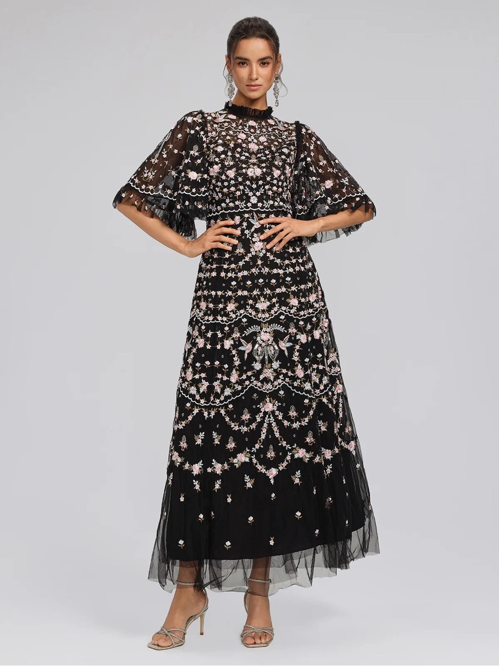 Rich Radi Q’S Black Floral Embroidered Lace Midi Dress - Picture 4 of 16